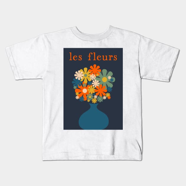 Les Fleurs Retro Flowers in Vase Blue Orange Kids T-Shirt by KierkegaardDesignStudio